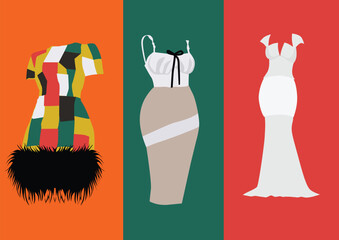 Vector illustration of various women dresses. 