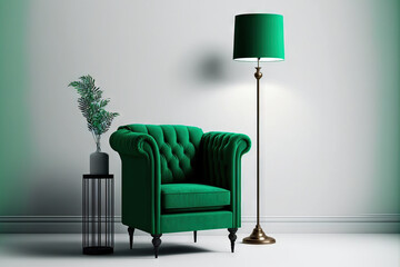 Green velvet armchair, cushion, and floor lamp on a blank white interior background in a mockup of an empty living room wall. Generative AI