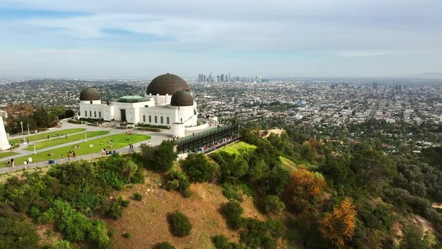 Aerial drone downtown Los Angeles skyline. California landmark, travel destination in America.