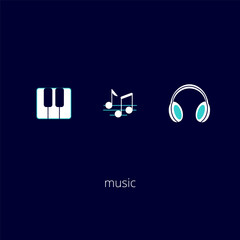 Music app icon set. Piano, notes and headphones icons. Line icons for music theme. Music icons for design