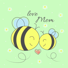 Vector template for holiday design. Postcard for mother's day. The family of bees smiles and loves. Happy mom and baby with a heart.