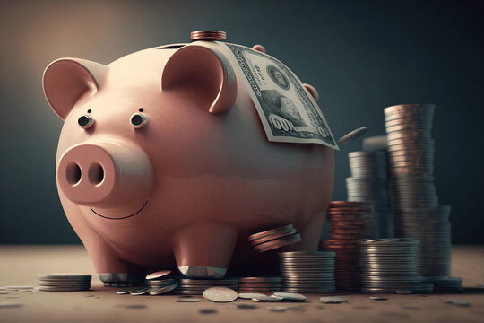 An illustration of a savings piggy bank on a stack of coins and bills