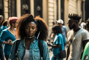 a young black woman in a city or neighborhood similar to downtown, fictional person and place. Generative AI