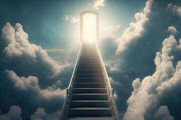 Heaven's ladder of clouds. skies high stairs concept Background in religion. Generative AI - obrazy, fototapety, plakaty