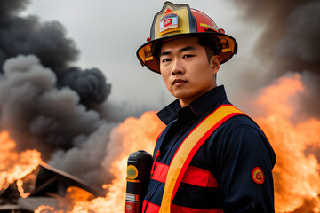 a portrait photo of a Asian man Firefighter in outfit - Generative AI, fictitious person, fictitious person