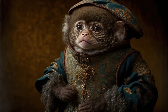 Created with Generative AI technology. portrait of a pygmy marmoset in renaissance clothing