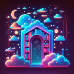 Neon Colorful Magical Library in Space, Door, Arch Generative AI