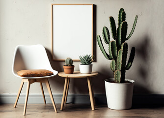 Vintage living room furnishings include a wooden stool with a retro style, plants, cacti, books, accessories, and a black mock up poster frame on a beige wall. Elegant interior design. Template