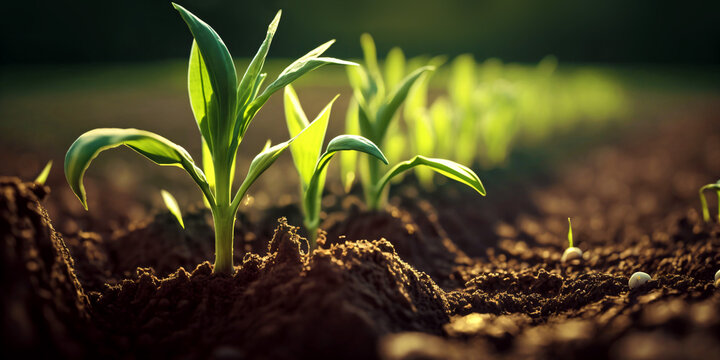 cultivated corn field, earth day concept, plant in the ground, green world, generative ai