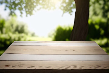 A white background and an empty wooden table in a summer garden in the sun are ideal for montage or product placement. The table top is highlighted in the foreground. Generative AI