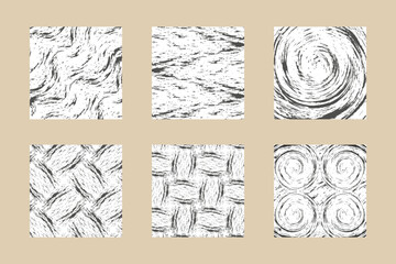 Aesthetic сontemporary seamless abstract pattern set, charcoal drawing effect. Torn wavy and zigzag lines, brushstrokes, spiral, swirl isolated on white background. Minimalism. Set of six patterns
