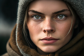 Close-up of the face of a beautiful woman with Nordic features and beautiful eyes. Ai generated.