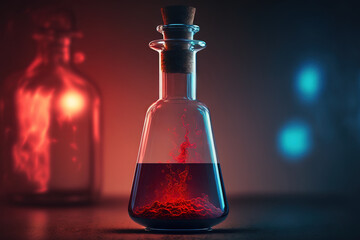 The theme is chemistry and pharmacy. Glass test flask filled with fluid in a lab. narrow DOF Observe the red bottle. Generative AI
