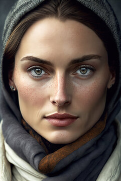 Close-up of the face of a beautiful woman with Nordic features and beautiful eyes. Ai generated.