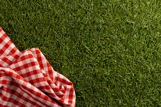 Red and white vichy wrinkly fabric lying on green grass