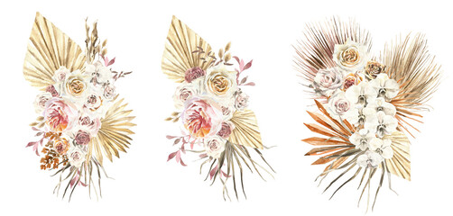 Watercolor boho dried flowers bouquet, illustration set.Composition with leaves, flowers, palm, pampas, roses,orchid. Bohemian modern wedding frames,wreath, greeting card , invitation, stationery, diy © Catherine