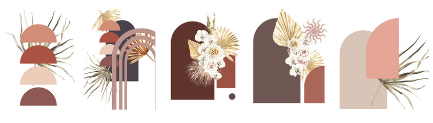 Watercolor boho gold dried flower dark,black,  terracotta frame, polugonal, arch illustration set. Composition,wreath with leaves, flowers, palm, pampas, roses,orchid. modern wedding frame invitation © Catherine
