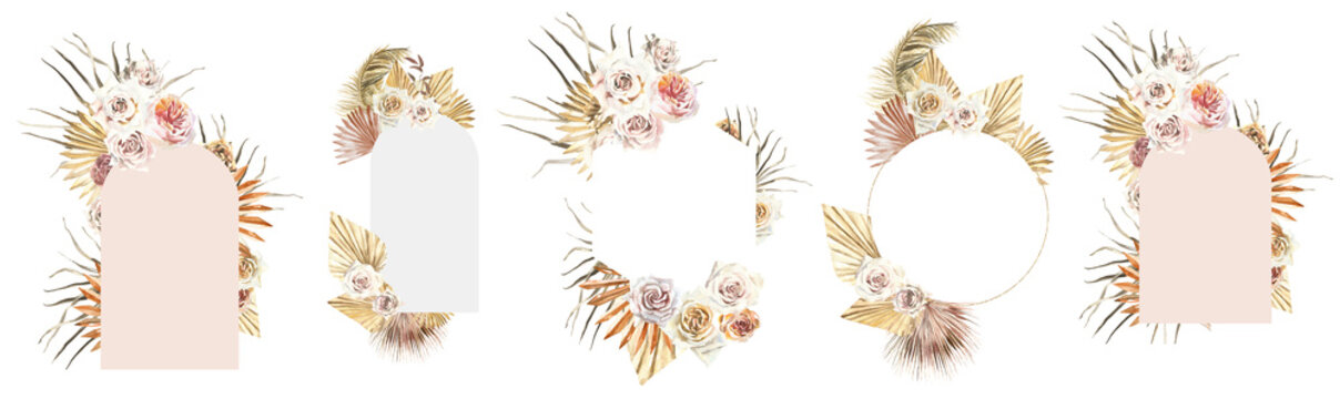 Watercolor boho gold dried flowers frames illustration set. Composition,wreath with leaves, flowers, palm, pampas, roses,orchid. Bohemian modern wedding frames,wreath, greeting card invitation