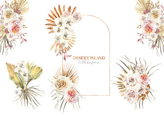 Watercolor boho gold dried flower arch frame, bouquets illustration set. Composition,wreath with leaves, flowers, palm, pampas, roses,orchid. Bohemian modern wedding frames,wreath, card invitation