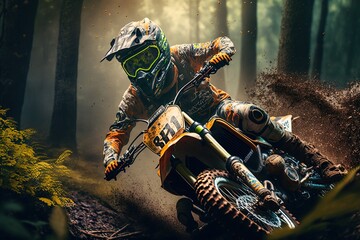 Extreme Motocross MX Rider riding on dirt track ,forest one the background ,Generative ai