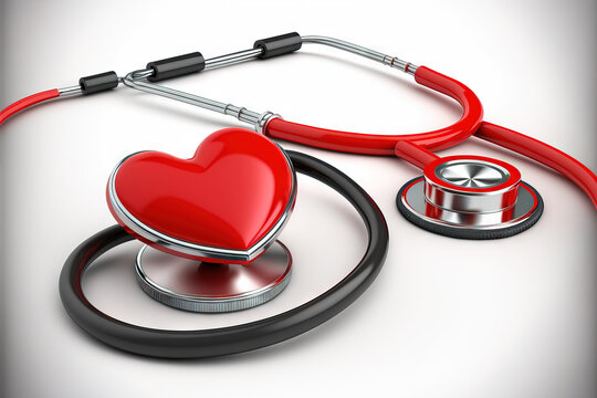 Heart shaped red stethoscope isolated on a white background. Generative AI