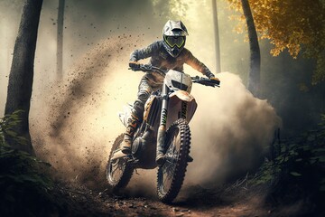 Extreme Motocross MX Rider riding on dirt track ,forest one the background ,Generative ai