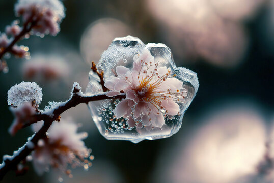Snowflakes and ice cover the first buds of fruit-bearing flowers in early spring. Ai generated