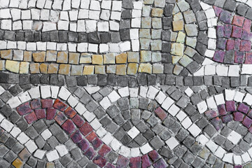 Close up of tiles of Lod Mosaic, famous Roman mosaic floor in Lod town in Israel, displayed in...