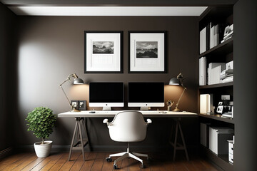 Interior of a brown home office with a wooden floor, a white desk, a computer, a bookcase, and walls covered in blank photos. a mockup. Generative AI