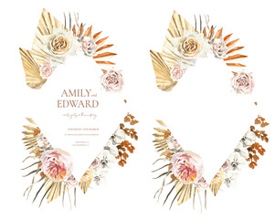 Boho watercolor dried flowers frame illustration, 
modern wedding save the date greeting card invitation card with blank frame, your place for text example. leaves, flowers, palm, pampas, roses,orchid
