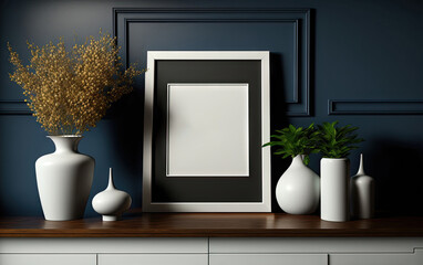 Mockup frame on cabinet in living room interior on empty dark blue wall background. Generative AI