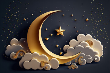Obraz na płótnie Canvas White clouds, a crescent moon, and golden stars in an isolated style on a blue background. Background design for a banner, brochure, or poster with a dreamy lullaby. illustration illustration illustra
