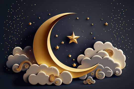 White clouds, a crescent moon, and golden stars in an isolated style on a blue background. Background design for a banner, brochure, or poster with a dreamy lullaby. illustration illustration illustra