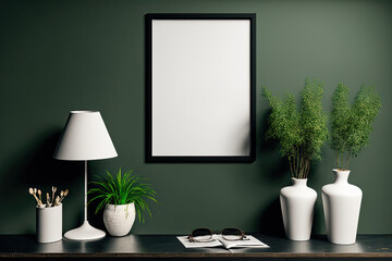 Mockup poster frame on wall in modern interior background,Dark green room. Generative AI