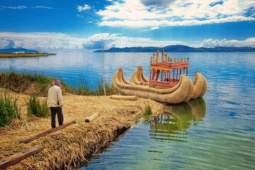 Natural landscape of lake Titicaca in Puno, Peru - obrazy, fototapety, plakaty