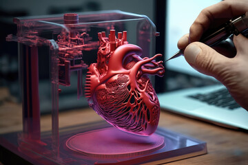 Future of surgery, medicine, organ transplantation. The doctor prints a new heart organ for the patient on a special printer. Growing organs for transplantation. Generative AI