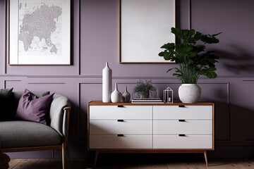 Japandi living room in white and violet tones. Wooden chest of drawers with frame mockup. Parquet and wallpaper. Modern interior design, 3d illustration. Generative AI