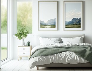 Front view on bright bedroom interior with empty white poster, bed, panoramic window with countryside view, bedsides, hardwood floor. Concept of space for chill and relaxation. Mock up. Generative AI