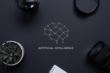 Drawing of a brain from network nodes and artificial intelligence text on a desk, surrounded by office supplies, top view, flat lay. Concept of applying AI in business - obrazy, fototapety, plakaty