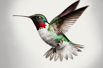 Obraz premium Male Ruby throated Hummingbird flying alone on white. Generative AI
