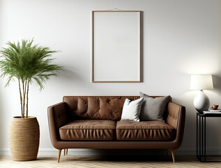 mock up poster in the living area, the bohemian style brown sofa,. Generative AI