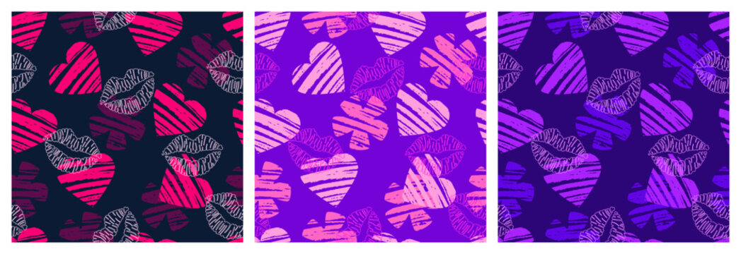 St. Valentines day seamless pattern with hearts, flowers and lip prints on dark background. Endless print for cover, fabric, wallpaper, wrapping paper, card or other using. Vector illustration. Set.