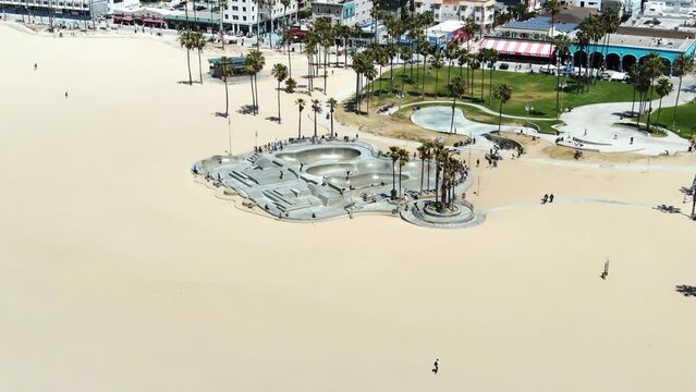 Aerial view of Venice Beach skate park pool. summer vacation sport, modern millennial active lifestyle. Drone 4k.