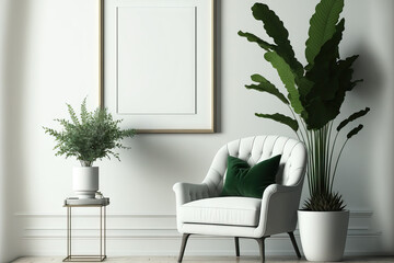 Mock up of a blank, white living room wall with a green velvet recliner, a pillow, and a snake plant in a basket. Illustration,. Generative AI