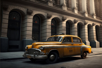 Fototapeta na wymiar Taxi cab parked on a street, yellow vintage style vehicle, urban building, generative ai