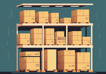 shelves with boxes warehouse with cardboard packaging containers stacked on racks a warehouse with delivery items in crates of cartons flat illustration. Generative AI