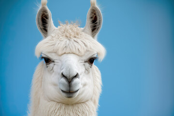Obraz premium Alpaca in white against a blue background. Generative AI