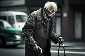 Slowly Walking Old Man with Cane on Busy Street, AI Generative illustration of low mobility issues.