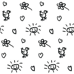 Seamless black and white pattern with children's doodle line art drawings in pencil and felt pen. Primitive simple marker illustration. Sun, heart, flower, chicken, bird. Print for textiles. Handdrawn