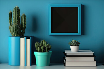 A vivid blue wall serves as the backdrop for a black frame with cactuses, books, and a black alarm clock. Generative AI